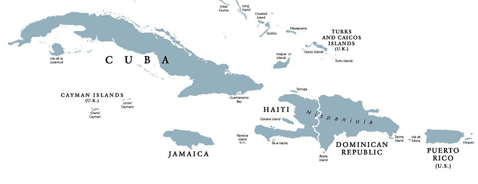 Map of Greater Antilles, Caribbean